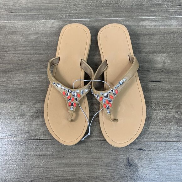Women's Thong Embellished Flip Flops Slippers Size 10 Tan Sandals - Picture 1 of 10